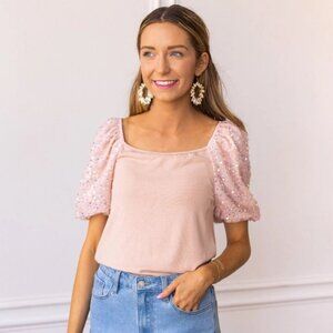 Grace & Emma - Rose Quartz Sparkle Puff Sleeve Top - 2X